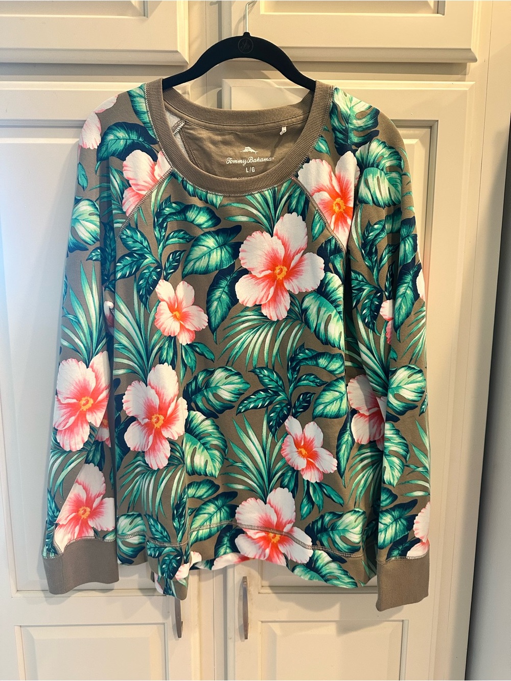 Tommy Bahama Taupe Sweatshirt with Pink Hibiscus & Green Leaves